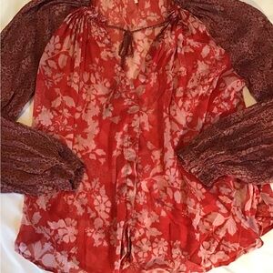 Free People Red, White and  Blue Floral Blouse